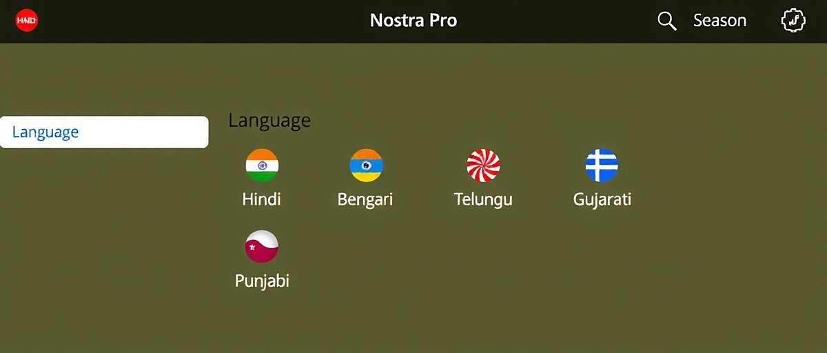 Nostra Pro - Language Localization Nostra Pro language selection screen showing various Indian language options including Hindi, Bengali, Tamil, Telugu, Gujarati, and Punjabi