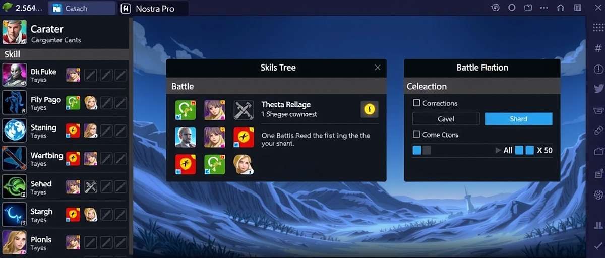 Nostra Pro - Gameplay Interface Nostra Pro gameplay interface showing character selection, skill tree, and battle preparation screen